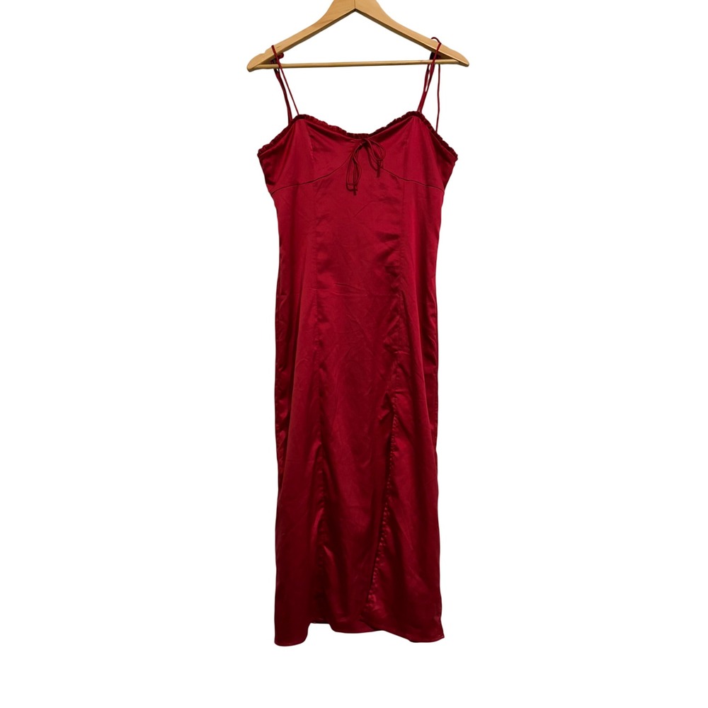 Leche Red Satin Ruffle Tie Front Midi Dress MD0235 Womens Size Medium
